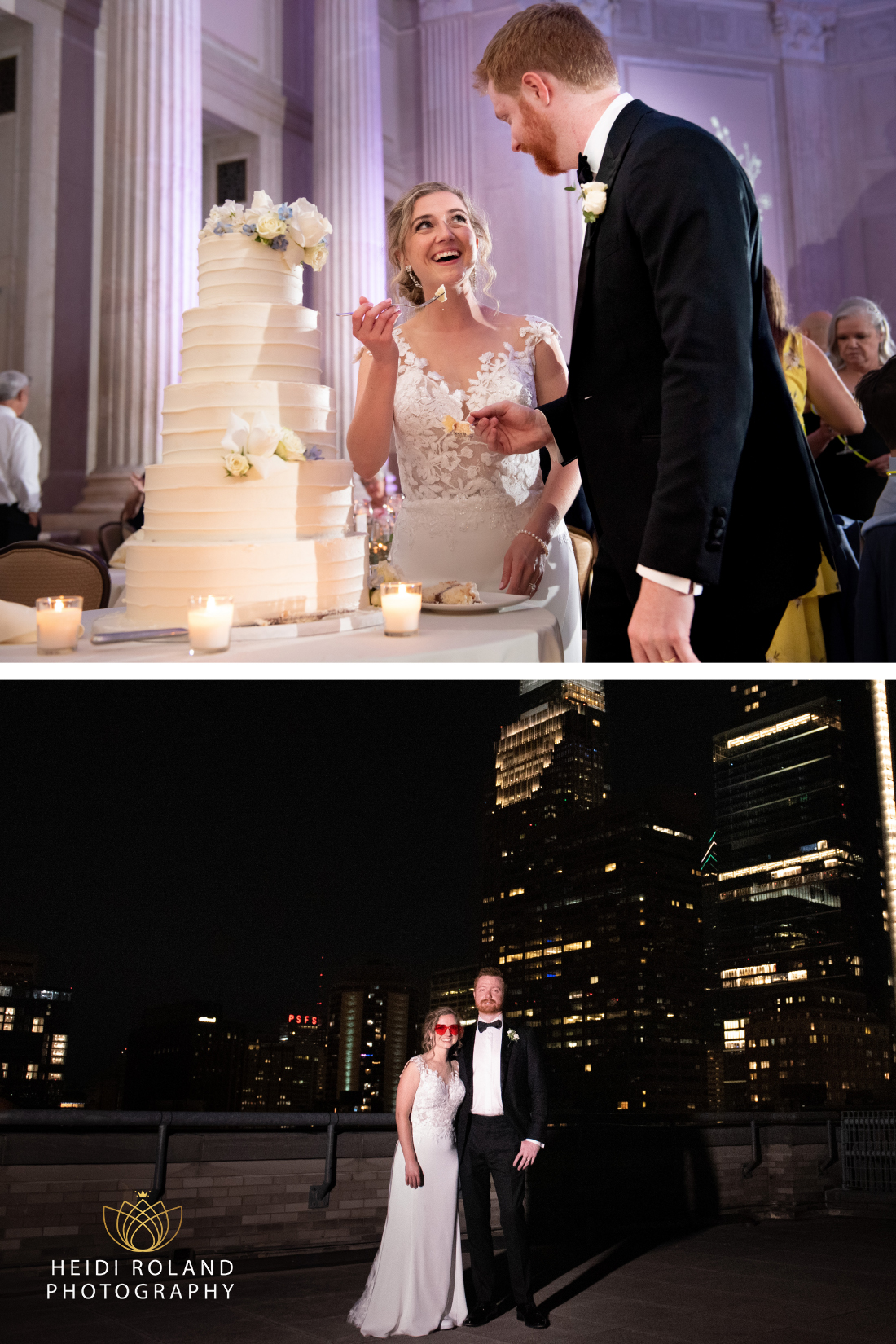 Bride and groom with nighttime philadelphia skyline 