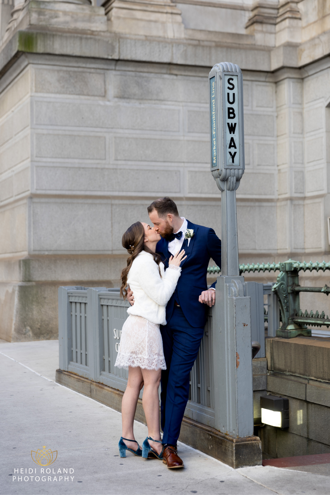 Bride and groom at subway stop near Philadelphia city hall