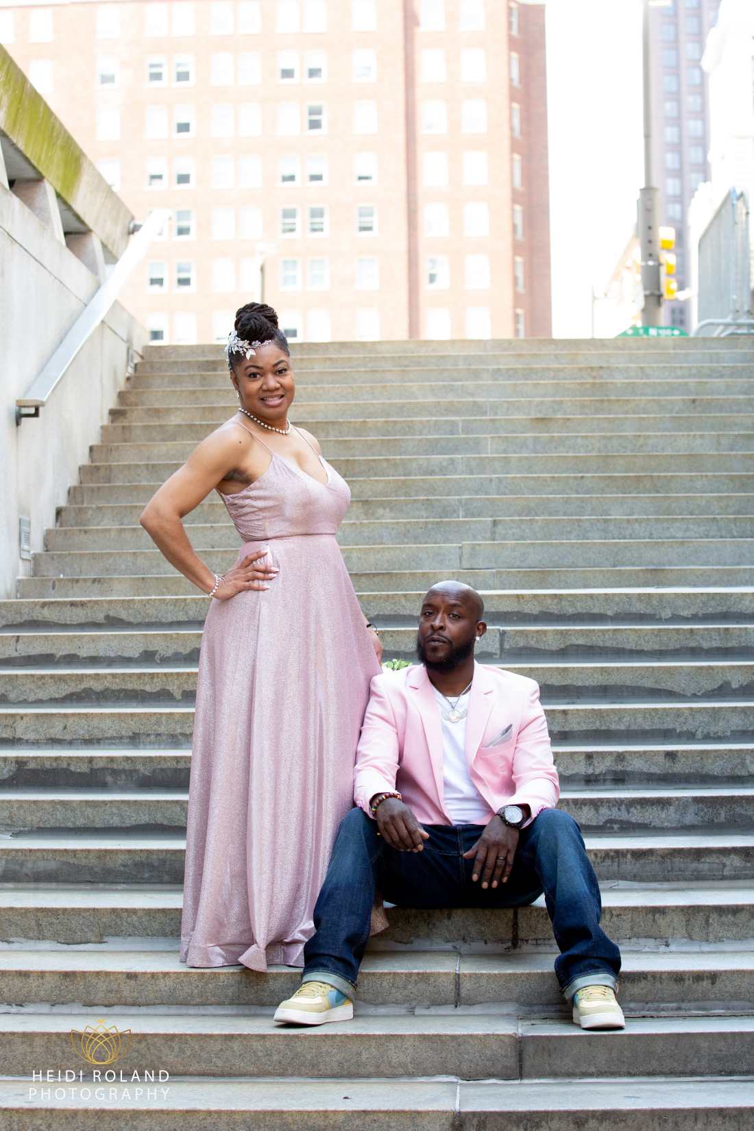Bride and groom on stairs in Philadelphia