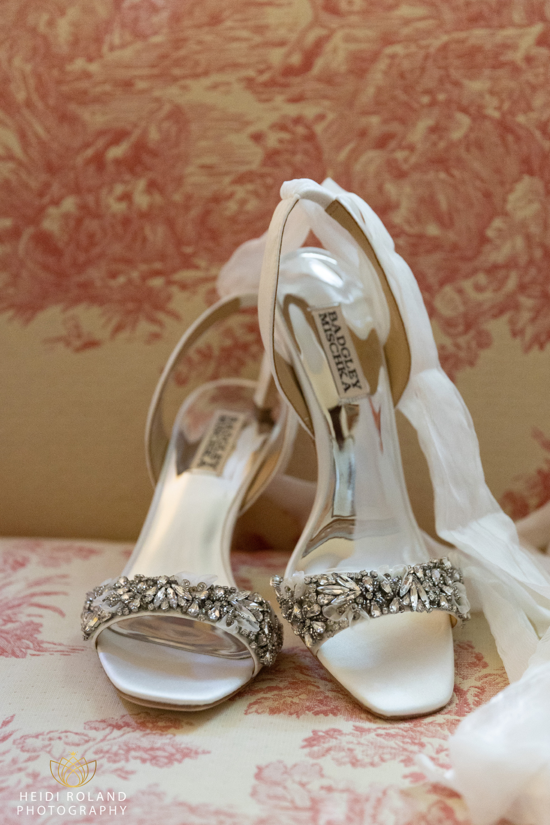 bride's wedding shoes on vintage coach