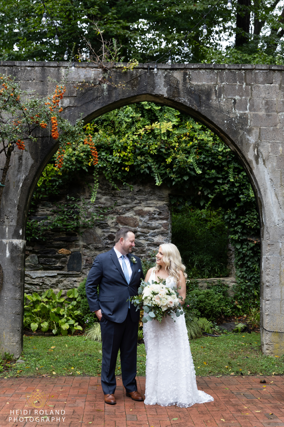 Bride and groom outside Old Mill Rose Valley Wedding Rose Valley PA