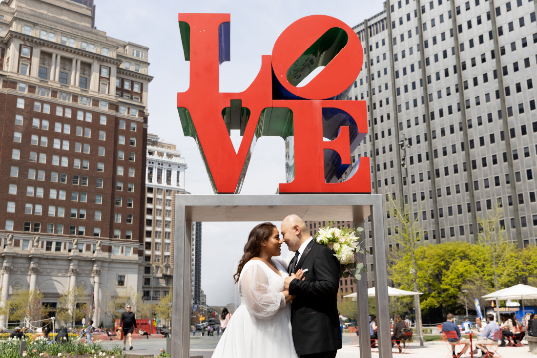 Elopement photos bride and groom at Love Park in Philadelphia