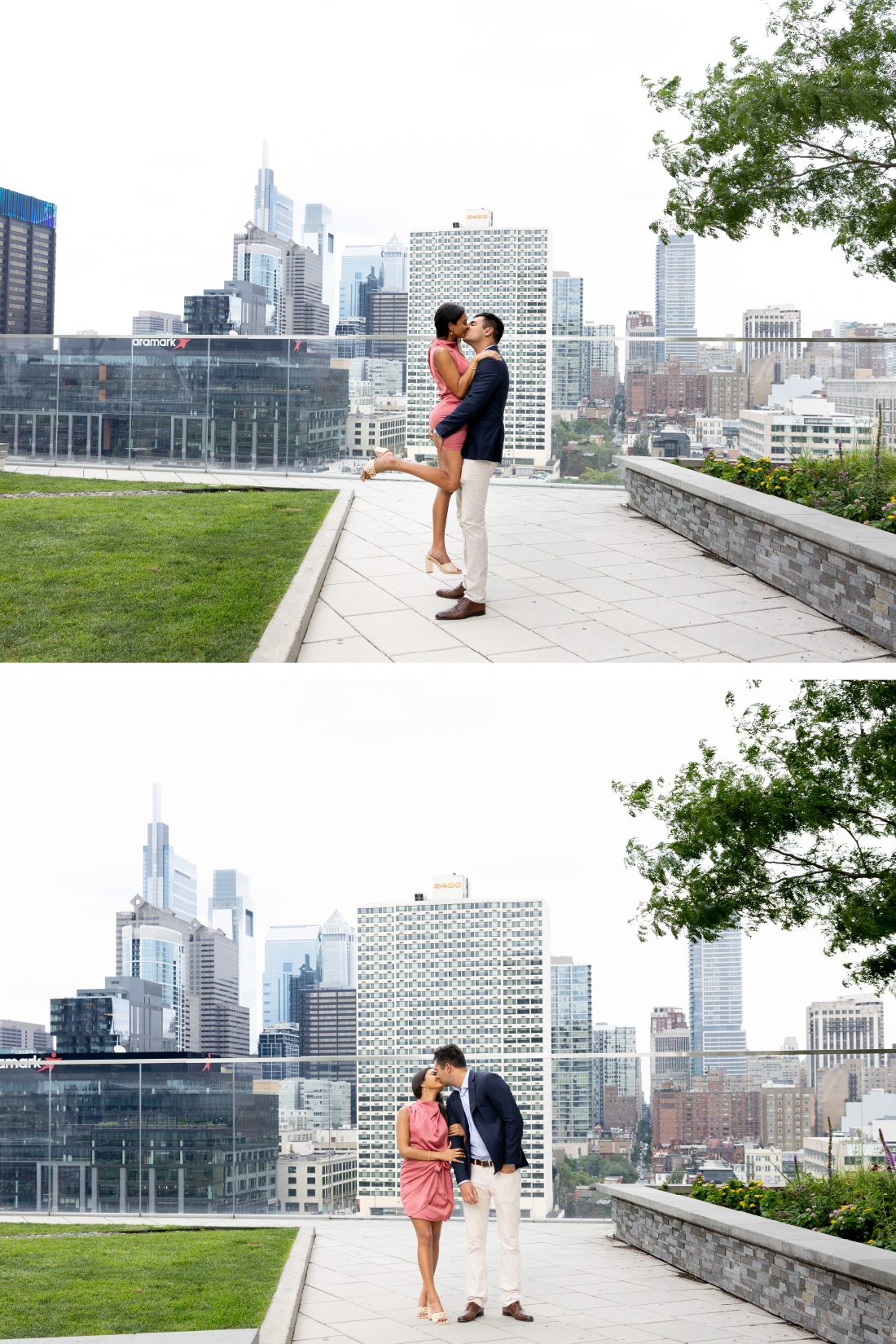 couple kisses in front of Philadelphia Skyline views 